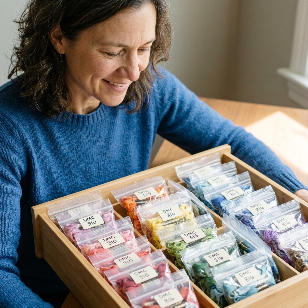 Embroidery floss skeins sorted into small clear zip bags with handwritten color numbers, arranged neatly inside a shallow drawer organizer