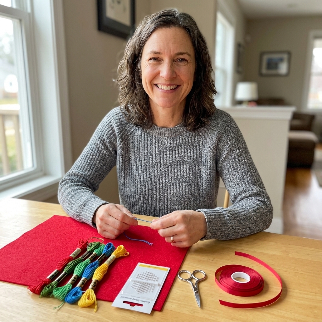 Embroidery supplies laid out on a craft table, including colorful embroidery floss, a sheet of felt, embroidery needles, small scissors, and ribbon for ornament loops