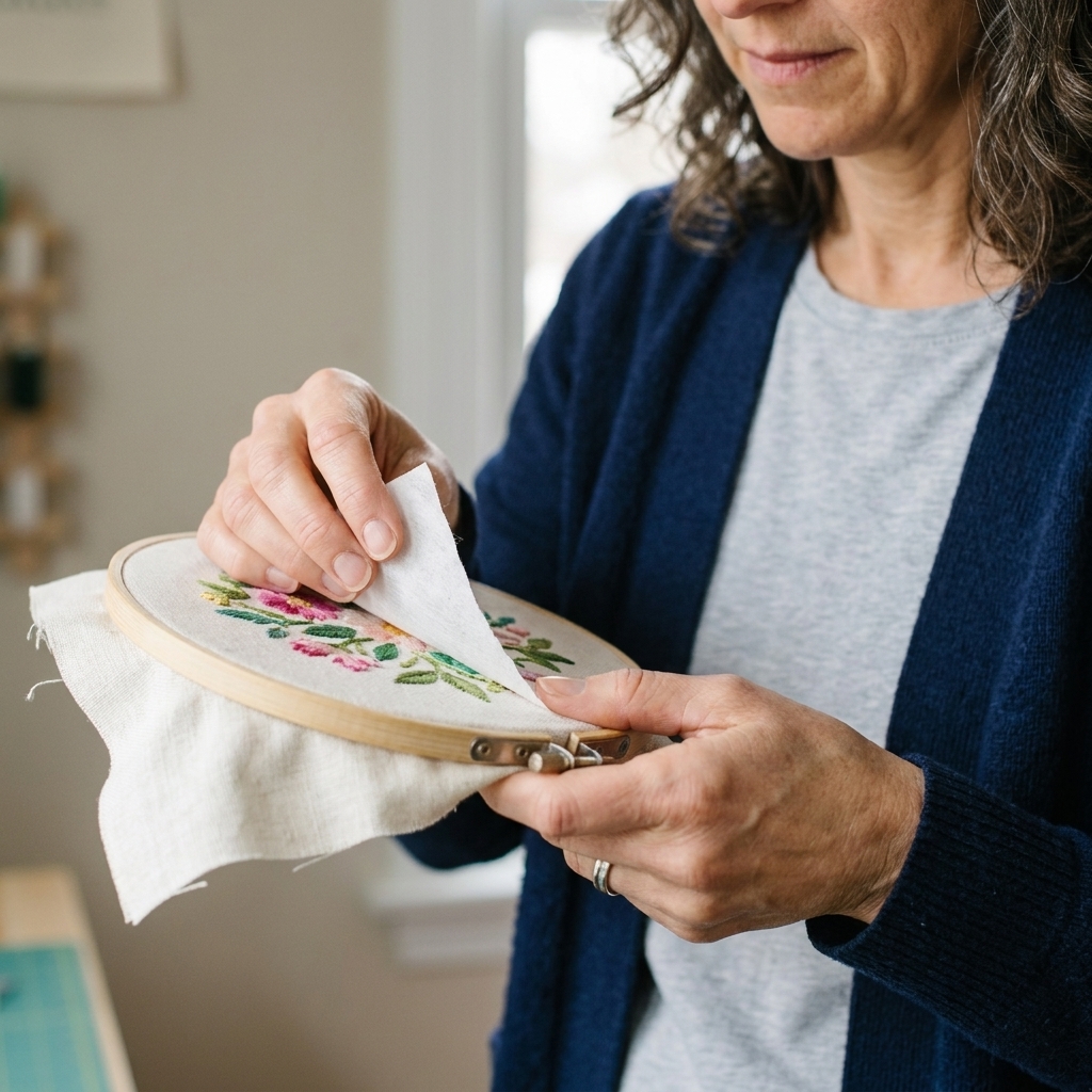 Hands gently tearing away backing stabilizer from the back of a finished hand embroidery hoop, with the stabilizer separating cleanly around the stitches