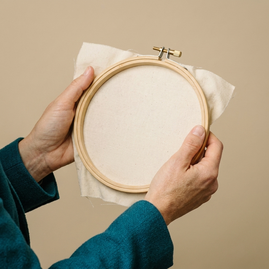 Hands holding a 6 inch bamboo embroidery hoop with cotton fabric tightened evenly inside
