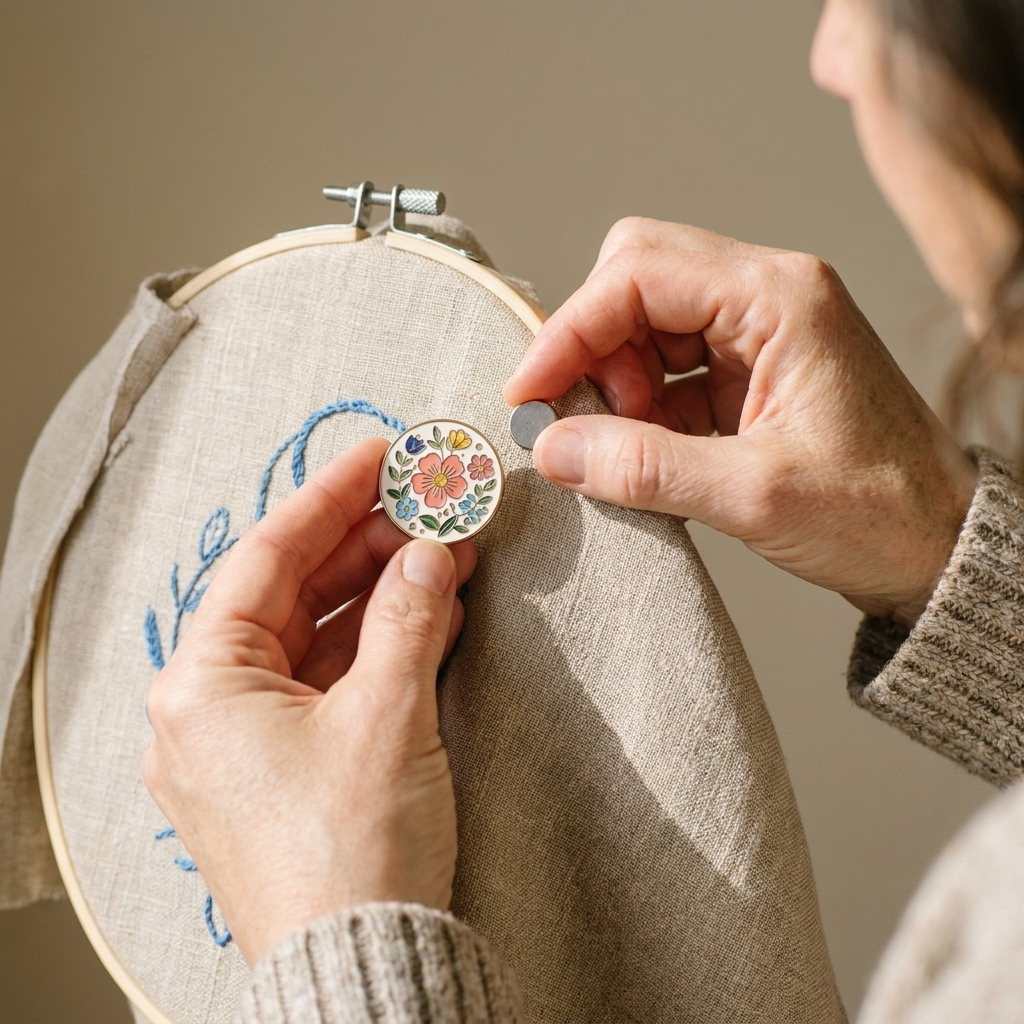 Hands holding a decorative needle minder on the front of an embroidery fabric while positioning the backing magnet behind the cloth