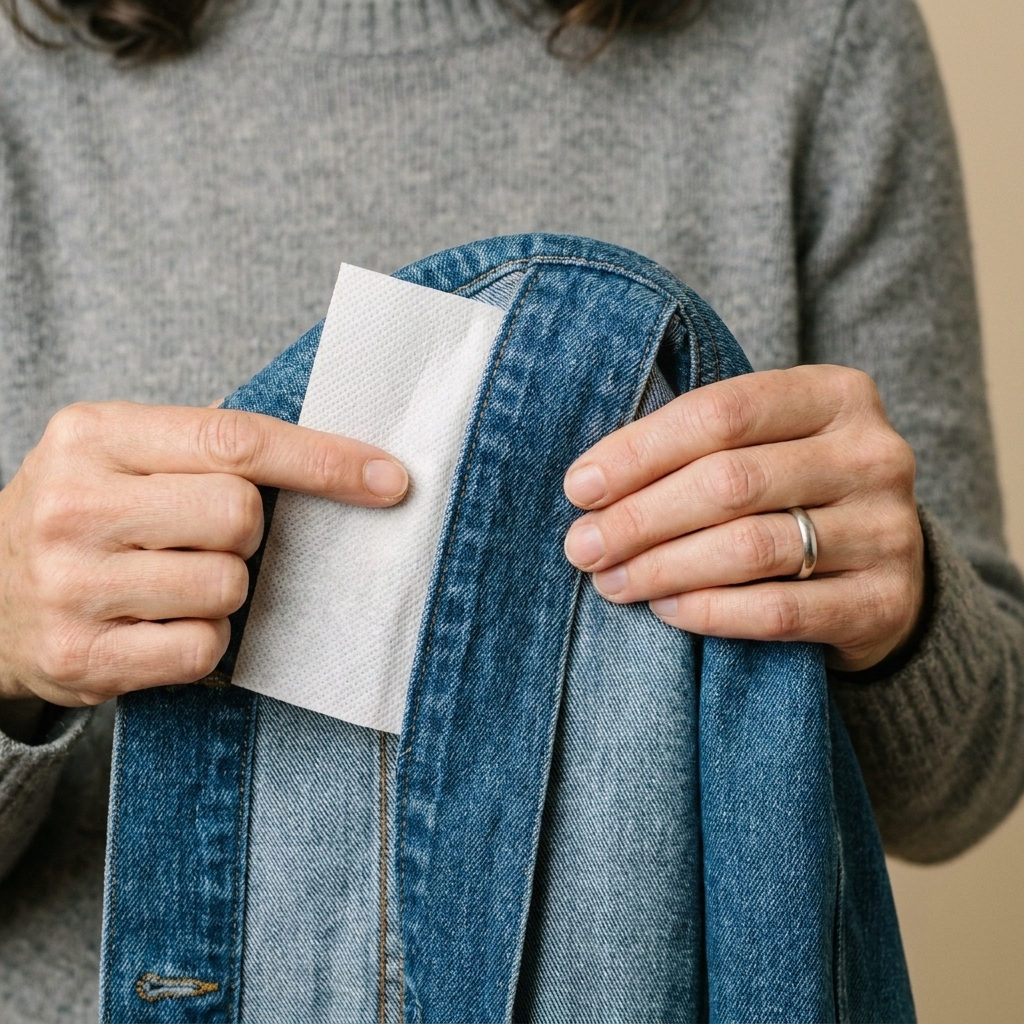 Hands holding a piece of tear-away stabilizer behind a denim jacket panel, showing how the stabilizer supports the fabric before stitching
