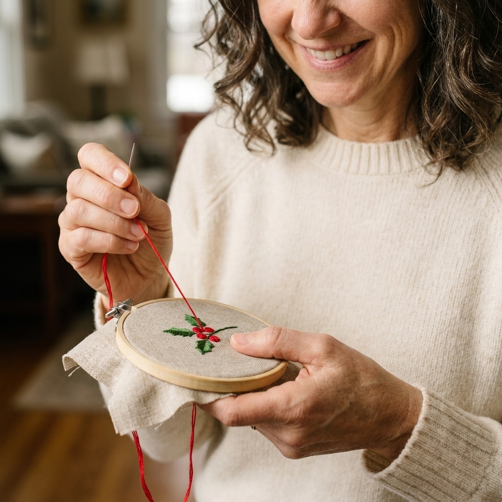 Hands holding a small embroidery hoop while stitching a satin stitch fill on a tiny holiday motif using red embroidery floss