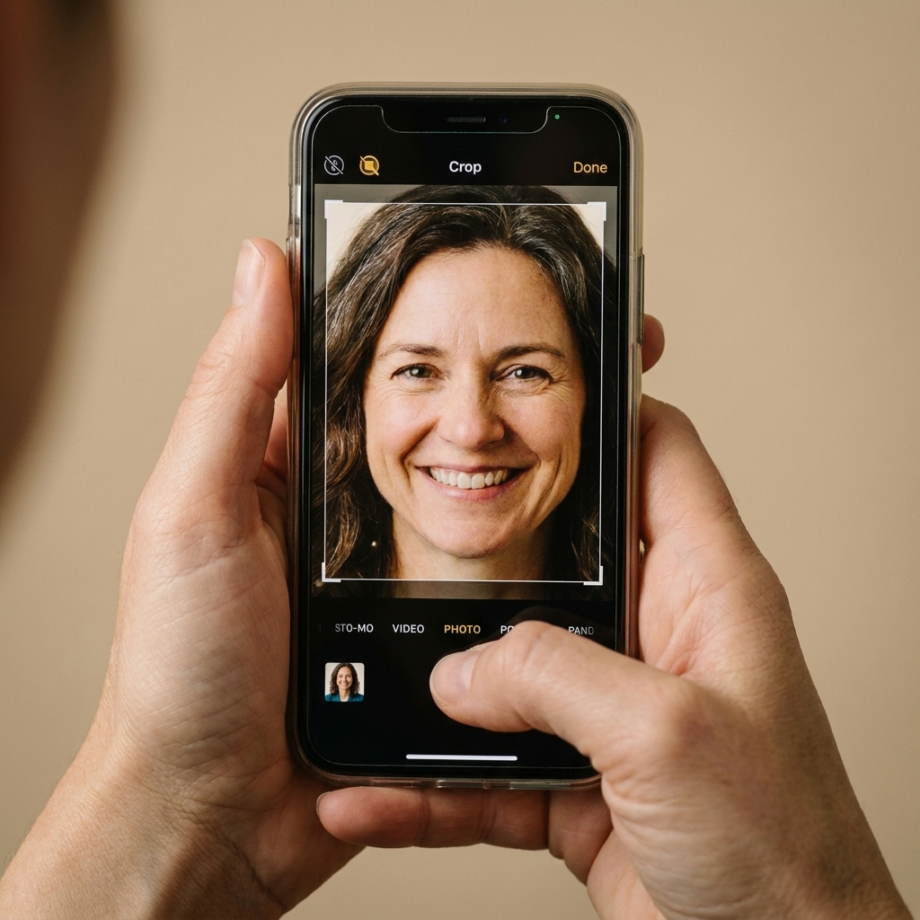 Hands holding a smartphone while cropping a close-up photo of a smiling person so the face fills most of the frame