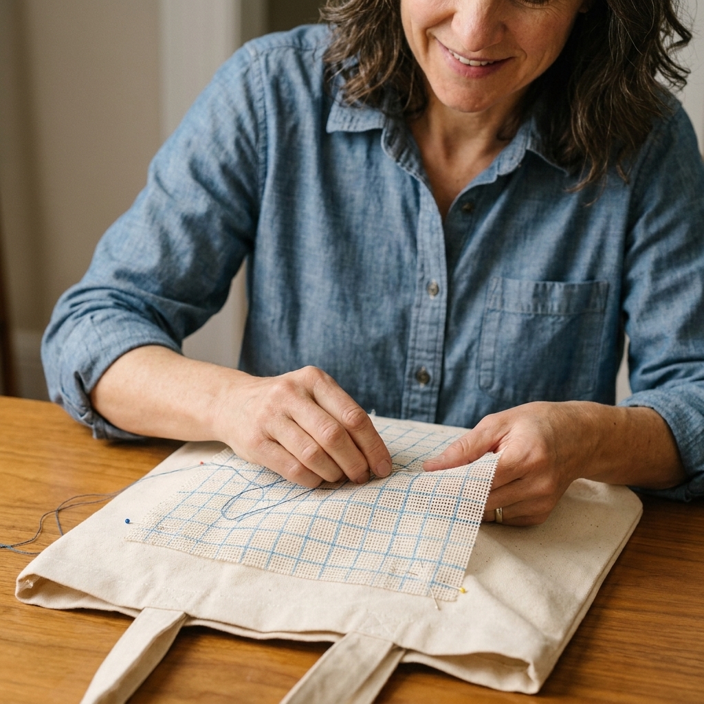 Hands pinning and basting waste canvas onto the front of a canvas tote bag, with the grid aligned and the tote fabric smoothed flat