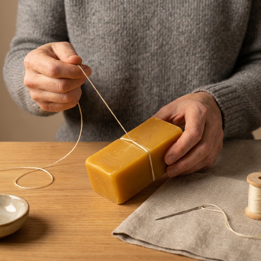 Hands pulling a length of thread across a beeswax block, with a hand sewing needle and neutral fabric resting on a tabletop