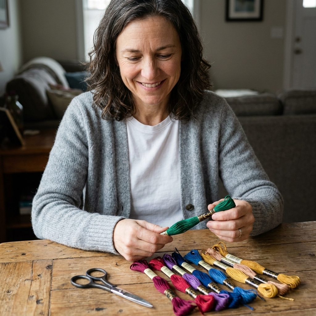 Several Anchor stranded cotton floss skeins in jewel tones spread across a wooden table next to small embroidery scissors