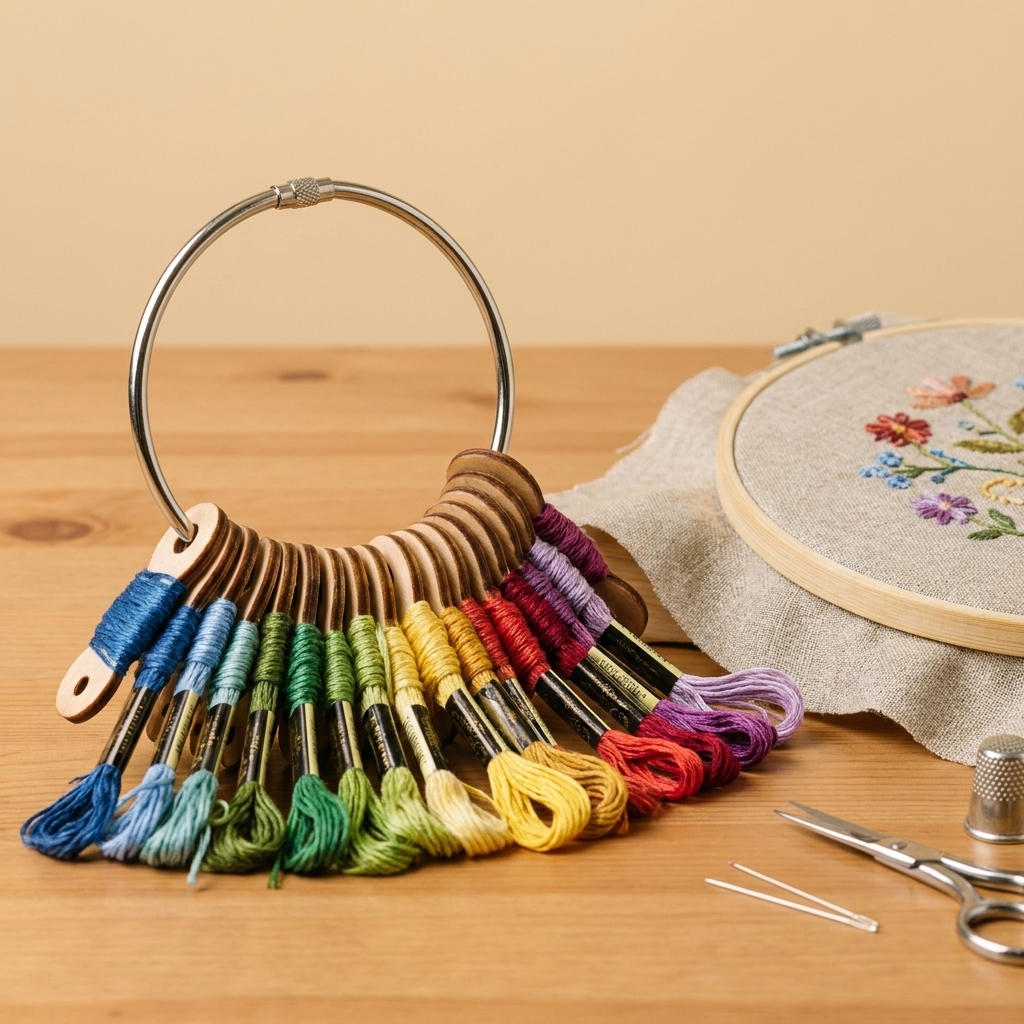 Several embroidery floss drops in different colors attached to a metal binder ring, resting beside an embroidery hoop on a craft table
