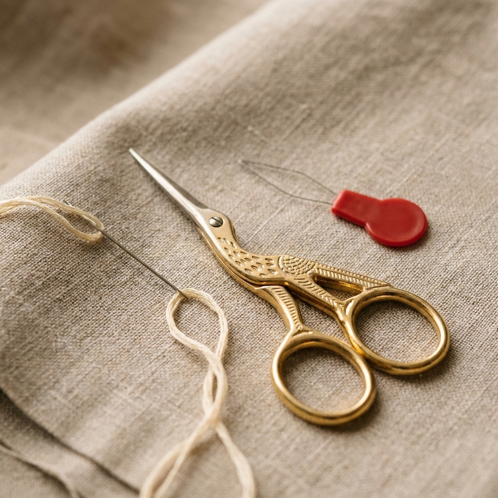 Small embroidery scissors next to a needle threader and a threaded needle on neutral linen fabric