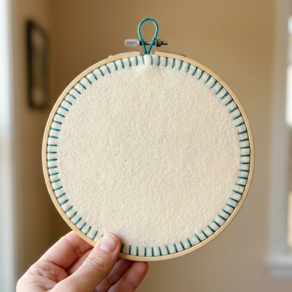 The back of an embroidery hoop neatly covered with felt and stitched closed, with a small hanging loop at the top