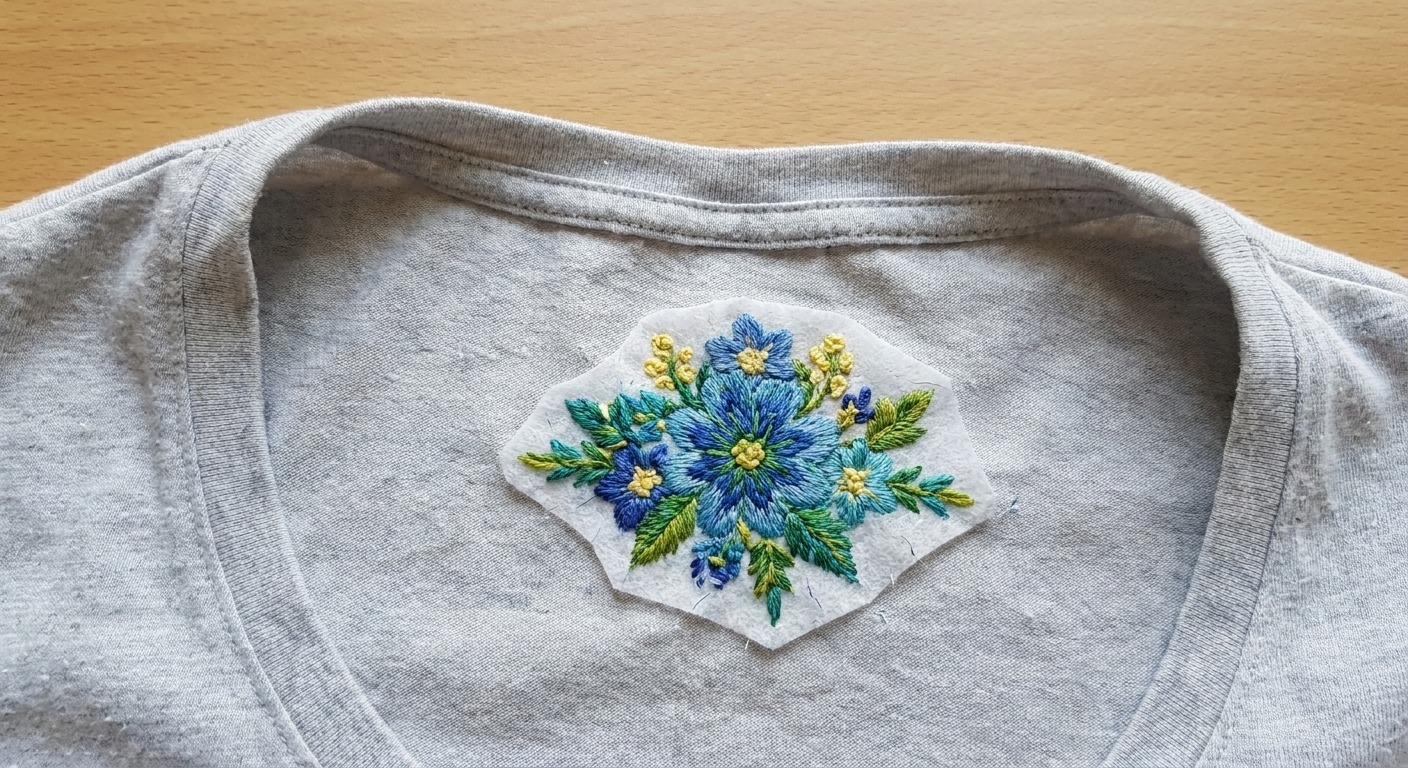 The inside of a T-shirt showing a finished embroidered motif with cut-away stabilizer neatly trimmed around the stitching