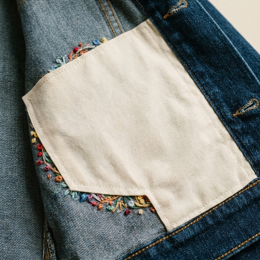 The inside of a denim jacket showing the reverse side of the embroidery with a neatly applied fabric patch covering the thread ends