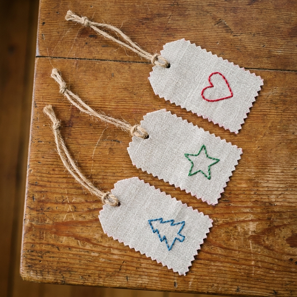 Three handmade stitched gift tags with simple motifs on light fabric, tied with twine and laid on a wooden table