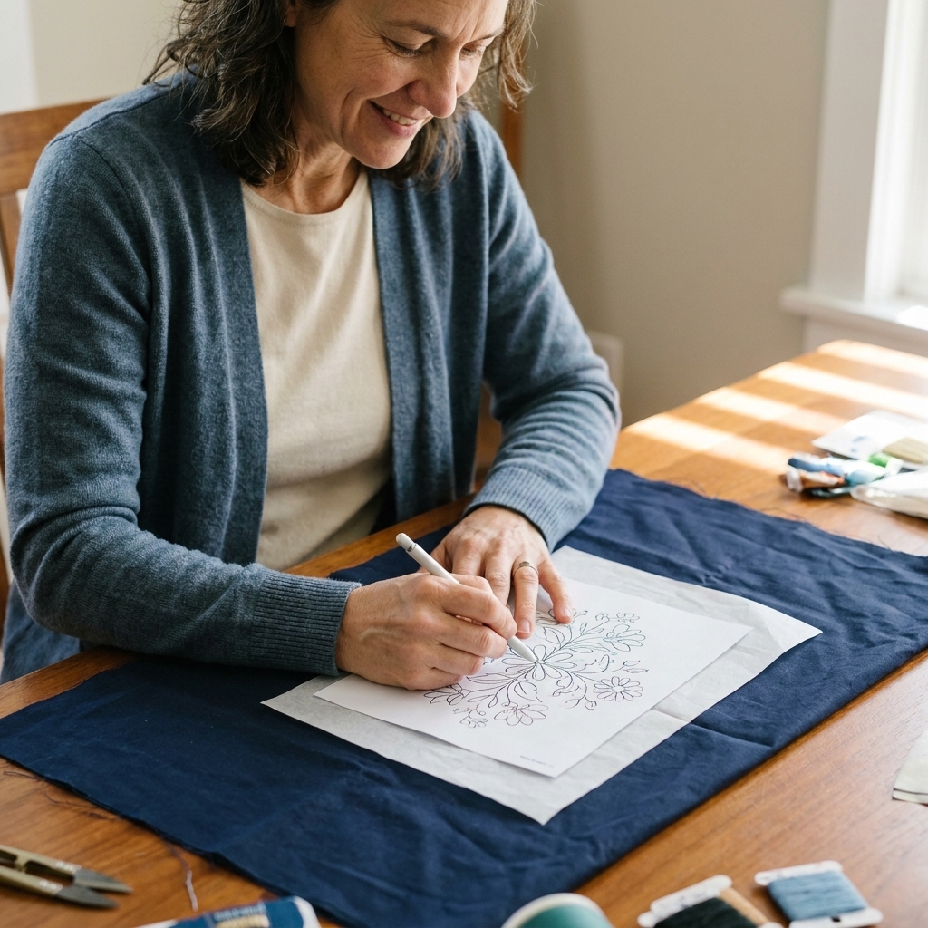 Transfer paper placed between a printed embroidery pattern and dark cotton fabric on a table, with a hand tracing the design using a stylus