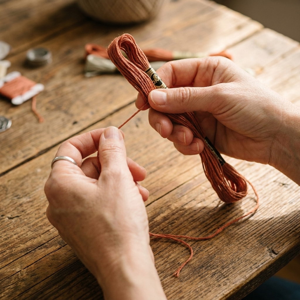 Two hands separate a single strand from a bundle of six-strand embroidery floss over a wooden table
